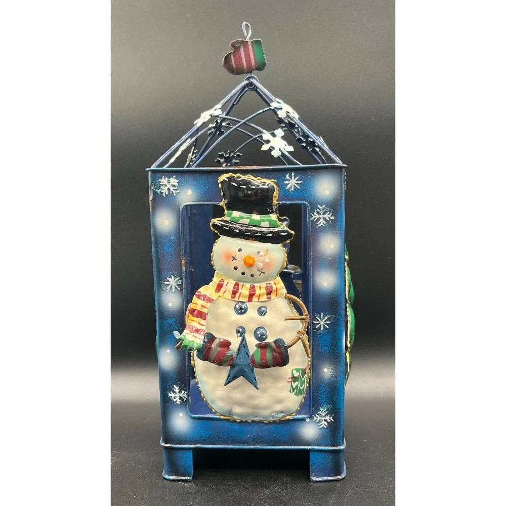 Blue Metal Christmas Lantern Snowman and Tree Holiday Tea Light Holder 11x4.5